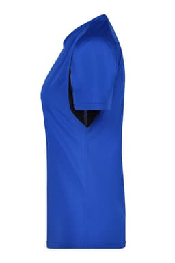 A blue ladies' T-shirt featuring a round neckline and short sleeves, with a logo on the front.
