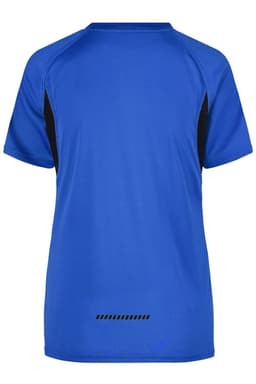 A blue T-shirt with black accents, featuring a logo and a relaxed fit design.