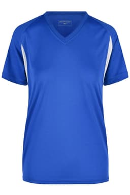 A blue V-neck T-shirt with white side panels, featuring a logo on the front.