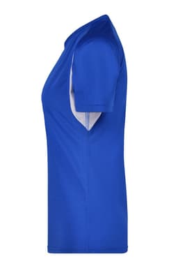 A blue ladies' T-shirt featuring short sleeves and a sporty design, with a contrasting panel. The shirt has a logo.
