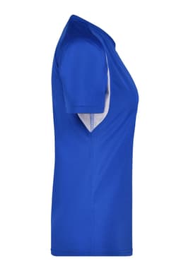 A women's short-sleeve running T-shirt in bright blue with white accents and a logo.