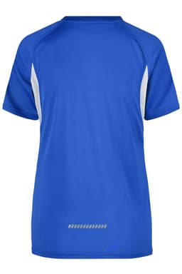 A blue T-shirt with white accents and a logo on the back, featuring a sporty design.