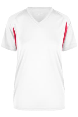 A women's T-shirt in white with red accents and a V-neck design. It features short sleeves and a logo.