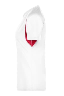A ladies' T-shirt in white with a red accent, featuring a logo. Short-sleeved and designed for active wear.