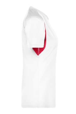 A women's T-shirt in white with a red inner lining, featuring short sleeves and a logo.