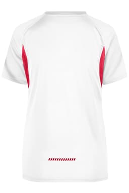 A T-shirt in white with red accents, featuring a sporty design and a logo on the front.