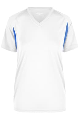 A white ladies T-shirt with blue accents and a V-neck design. It features a logo on the side.