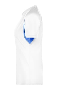 A ladies' T-shirt in white with blue accents, featuring a logo on the front.