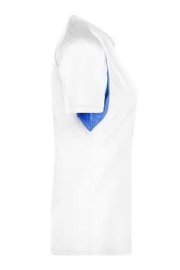 A T-shirt in white with blue accents, featuring short sleeves and a logo on the side.