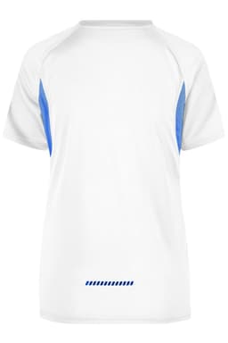 A T-shirt with short sleeves, featuring a white body and blue accents on the sides. It has a logo on the back.