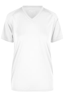 A Ladies T-shirt in white with a V-neck design and short sleeves. It features a logo.