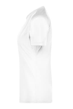 A T-shirt in solid white, featuring short sleeves and a tailored fit. It includes a branding logo.