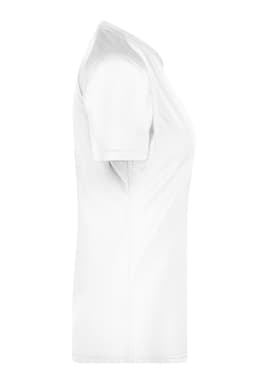 A white T-shirt displayed from the side, featuring short sleeves and a casual design. It has a logo.