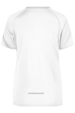 A white short-sleeve T-shirt featuring a subtle design on the back and a logo on the front.