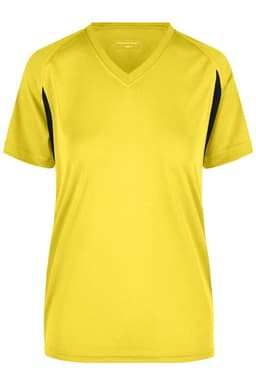 A T-shirt in fluoro yellow with black accents, featuring a V-neck and short sleeves. It has a logo displayed.