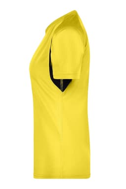 A T-shirt in fluorescent yellow and black, featuring a fitted design and short sleeves. It includes a logo.