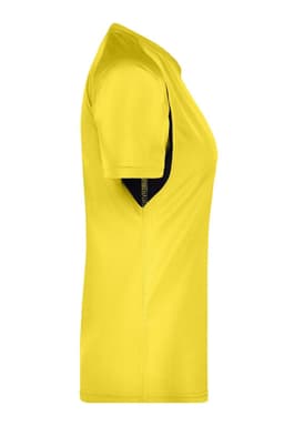A side view of a ladies' T-shirt in fluorescent yellow with black detailing and a visible logo.