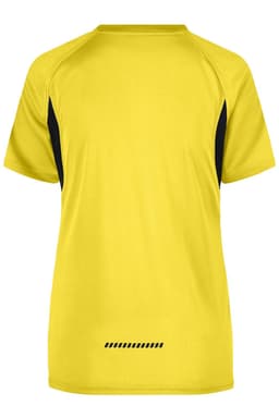 A plain fluoro yellow t-shirt with black accents on the sides, featuring a logo on the back.