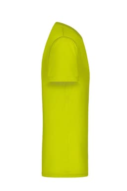 A bright yellow men's active T-shirt with short sleeves, featuring a logo on the front.