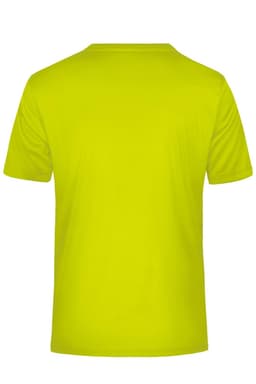 A bright yellow men's active T-shirt with a plain back design and short sleeves, featuring a logo.