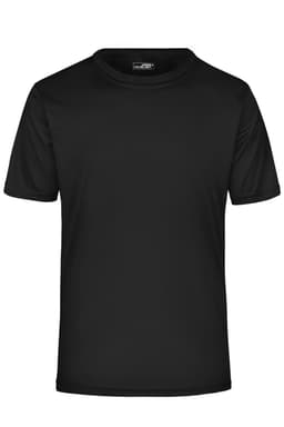 A black men's active T-shirt with short sleeves and a simple design. It features a logo on the label.