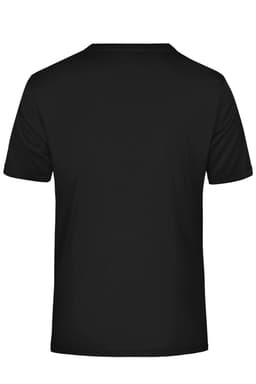 A black men's T-shirt featuring a plain design and a branded logo on the back.