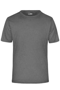 A grey men's active t-shirt featuring a crew neck design and short sleeves, with a logo on the label.