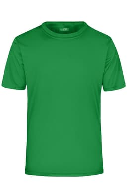 A green short-sleeve active t-shirt with a smooth texture and a logo on the label.