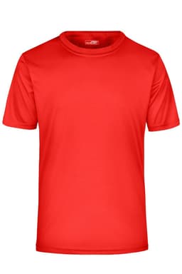 A red active t-shirt featuring a round neck and short sleeves, with a logo on the front.