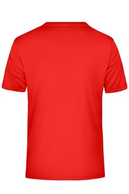 A red men's active T-shirt featuring a plain back design and a logo on the label.