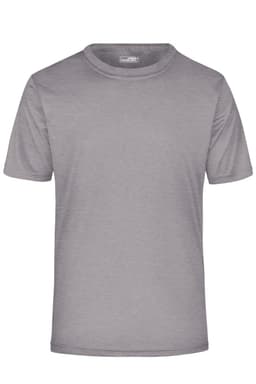 A grey short-sleeved men's active T-shirt with a round neckline and a logo.