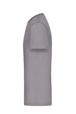 A grey short-sleeved T-shirt displayed from the side, featuring a logo on the fabric.