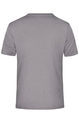 A plain grey t-shirt with a casual design, featuring short sleeves and a crew neckline. It includes a logo on the back.