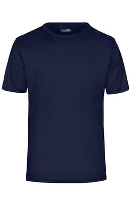 A navy blue men's active t-shirt with a crew neckline and short sleeves. It features a logo on the label.