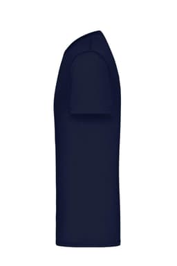 A navy blue men's T-shirt with short sleeves and a plain design. It features a logo on the garment.