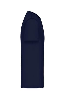A navy blue men's active T-shirt in a side view, featuring short sleeves and a simple design.