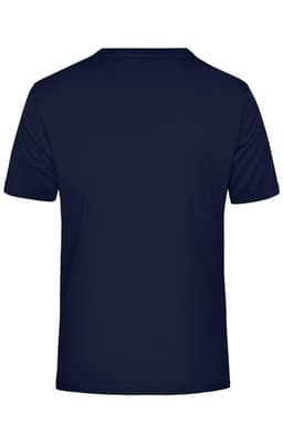 A navy men's active T-shirt featuring a classic crew neckline and short sleeves. It has a logo on the back.