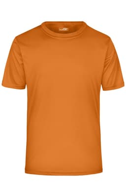 An orange men's active T-shirt with a round neckline and short sleeves. It features a logo on the label.