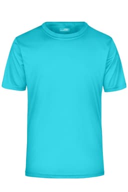 A turquoise short-sleeved T-shirt with a logo on the front. Suitable for active wear.