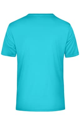 A turquoise men's T-shirt with short sleeves, featuring a branding logo. Back view only.