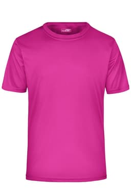 A pink active T-shirt with a round neckline and short sleeves, featuring a logo.