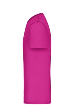 A bright pink men's active T-shirt with short sleeves and a fitted design, featuring a logo.