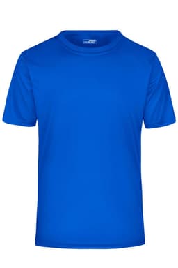 A blue men's active T-shirt featuring a simple design and a logo on the neckline.