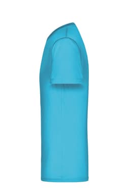 A turquoise men's active T-shirt displayed from the side, featuring a rounded neckline and short sleeves.