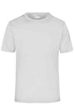 A plain white men's T-shirt with short sleeves, featuring a logo on the label.