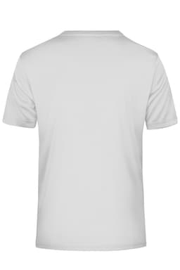 A plain white men's active T-shirt with a round neck and short sleeves, featuring a logo on the back.