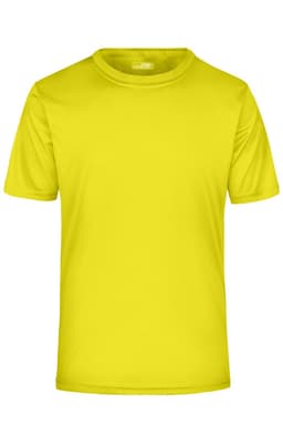 A bright yellow men's active t-shirt with short sleeves and a logo printed on it.