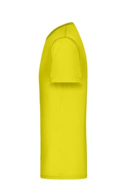 A bright yellow men's active T-shirt with short sleeves and a fitted design. Features a logo on the side.