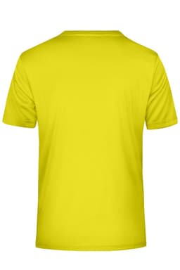 A bright yellow men's active T-shirt with a standard crew neck and short sleeves, featuring a branding logo.