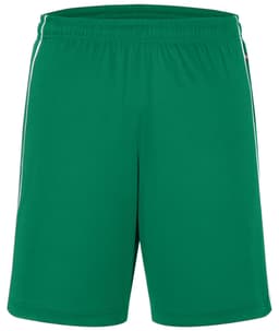 Green sports shorts with a loose fit and contrasting side stripes. Features a logo on one side.